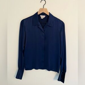 VINTAGE Talbots Blue Button Down Silk Shirt Long Sleeve Relaxed - SMALL